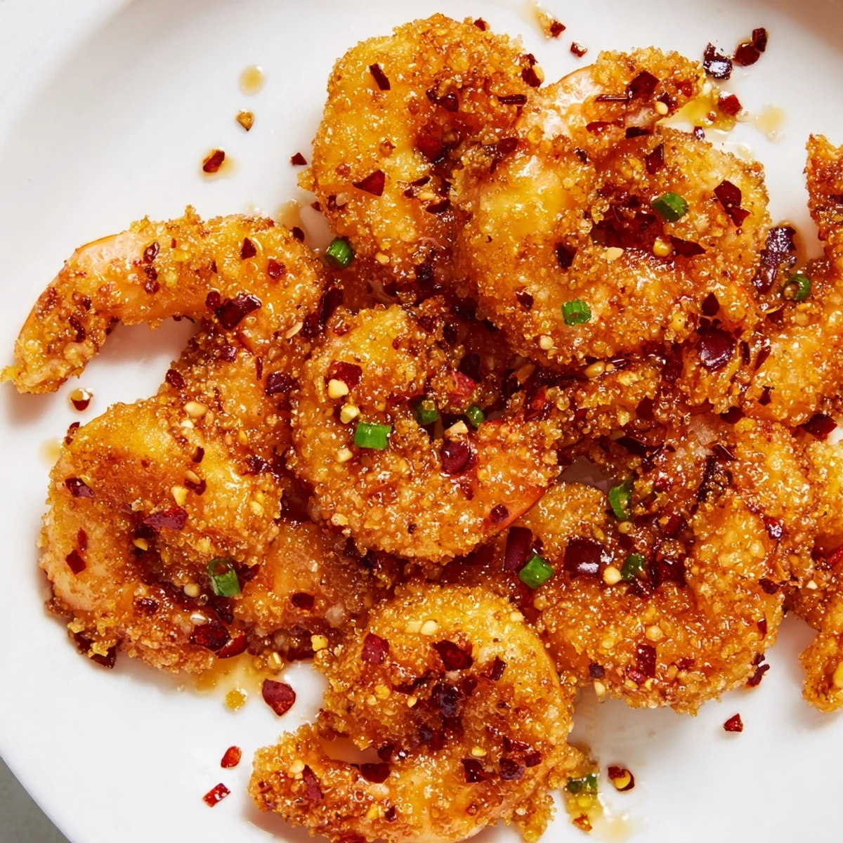 Golden crispy hot honey fried shrimp glazed with sweet spicy honey sauce and fresh chives