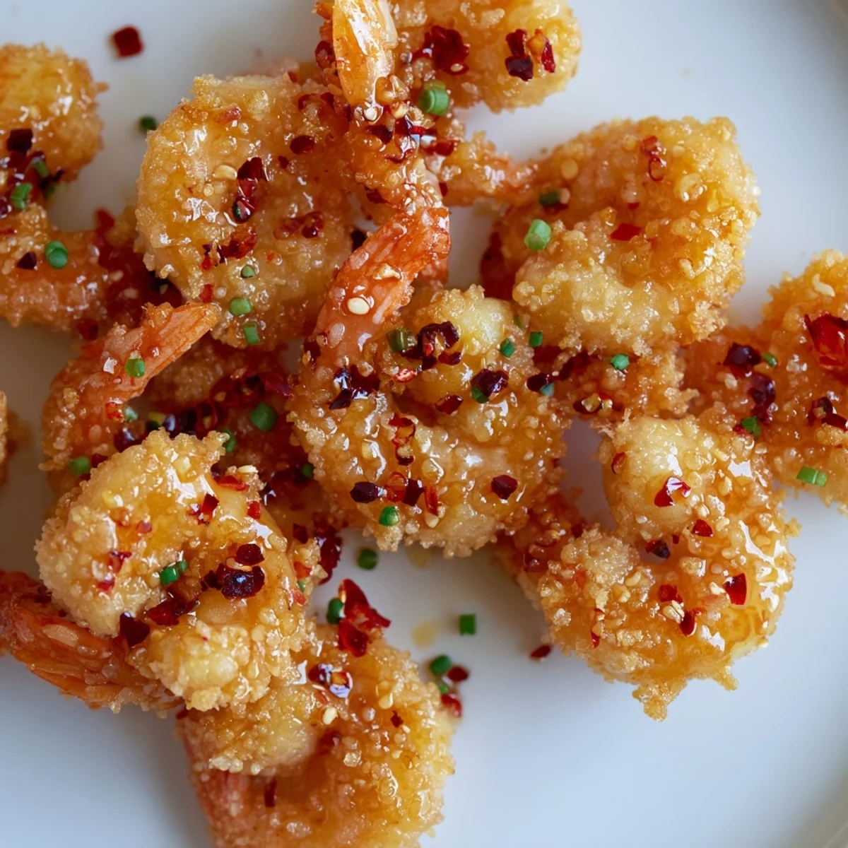 Crispy fried shrimp coated in sticky hot honey glaze served with lemon wedges on white plate