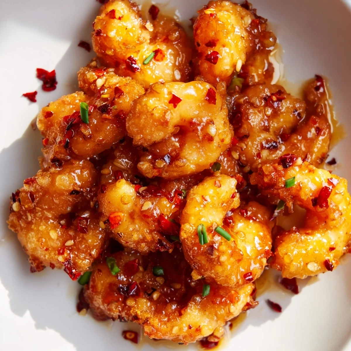 Golden brown shrimp tossed in spicy honey glaze garnished with parsley and lemon on serving platter