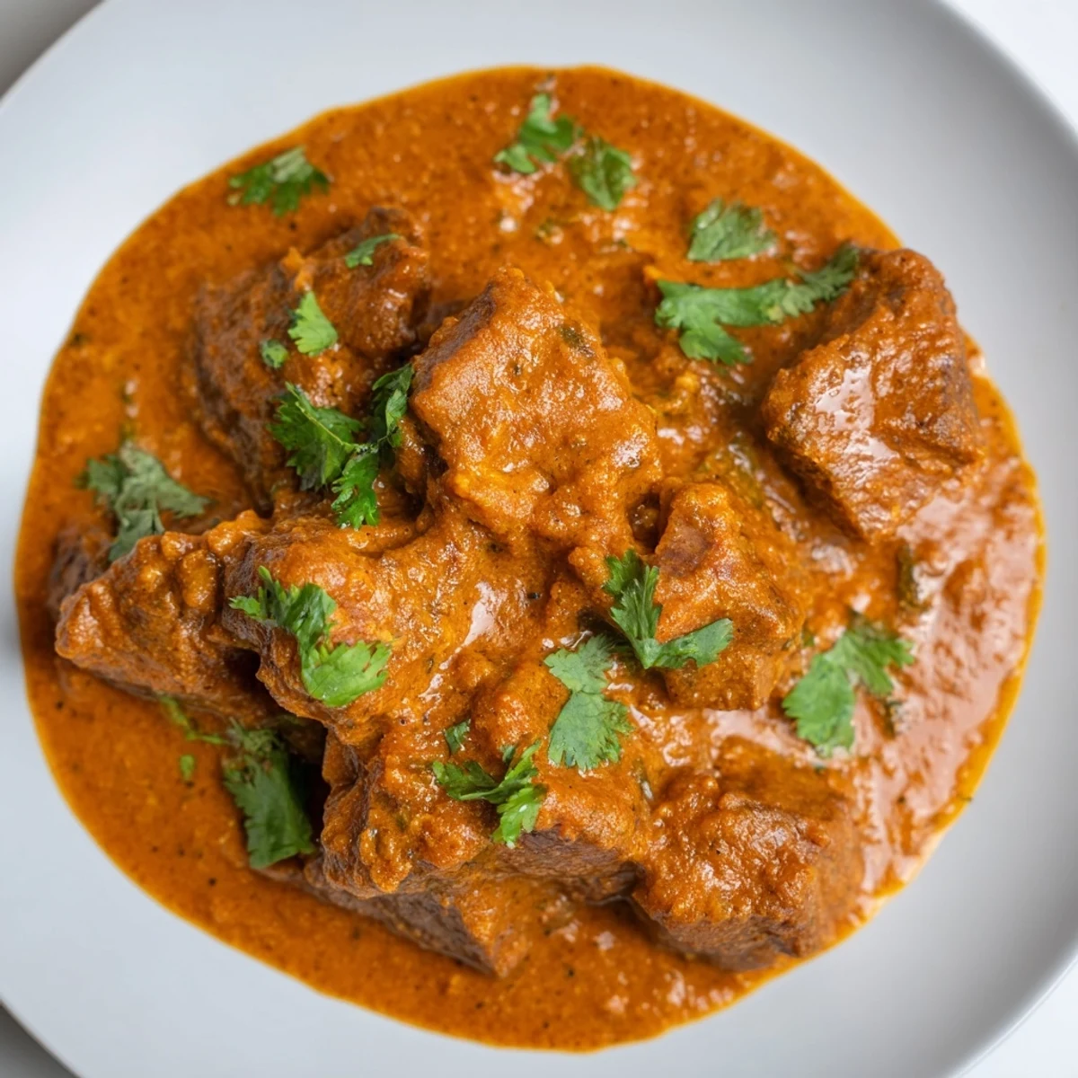 Rich Indian beef curry with tender chunks simmered in spiced red tomato gravy over fluffy white basmati rice