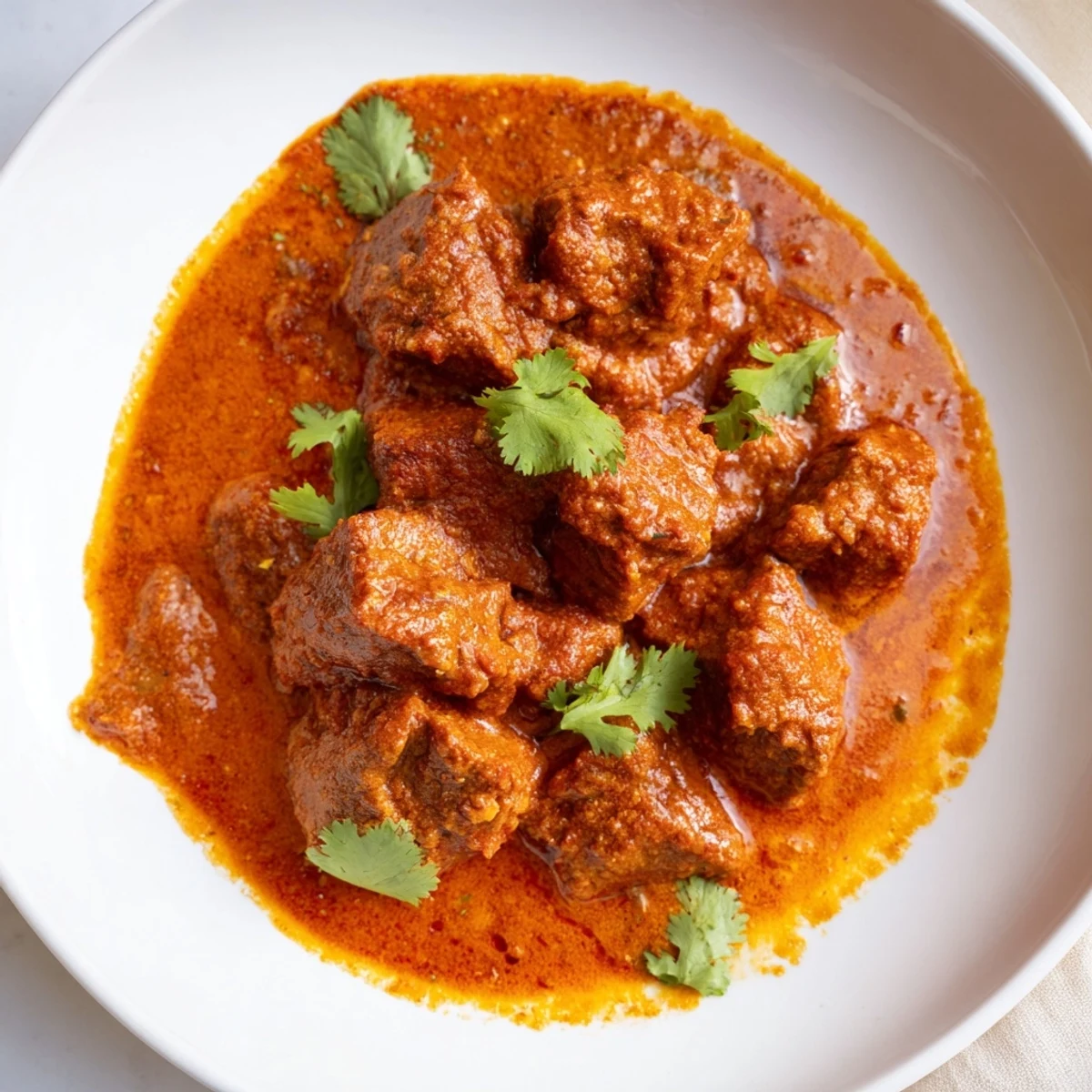 Golden Indian beef curry served in a bowl with thick tomato-based gravy and warm naan bread on side