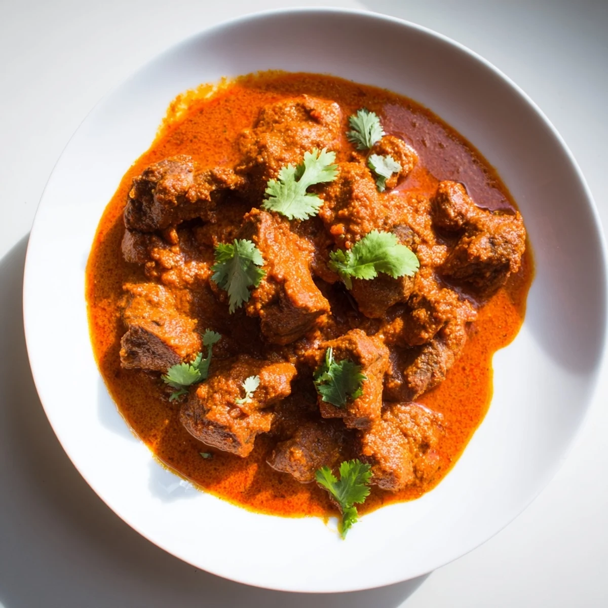 Savory Indian beef curry featuring aromatic spices and creamy tomato sauce garnished with fresh green cilantro leaves