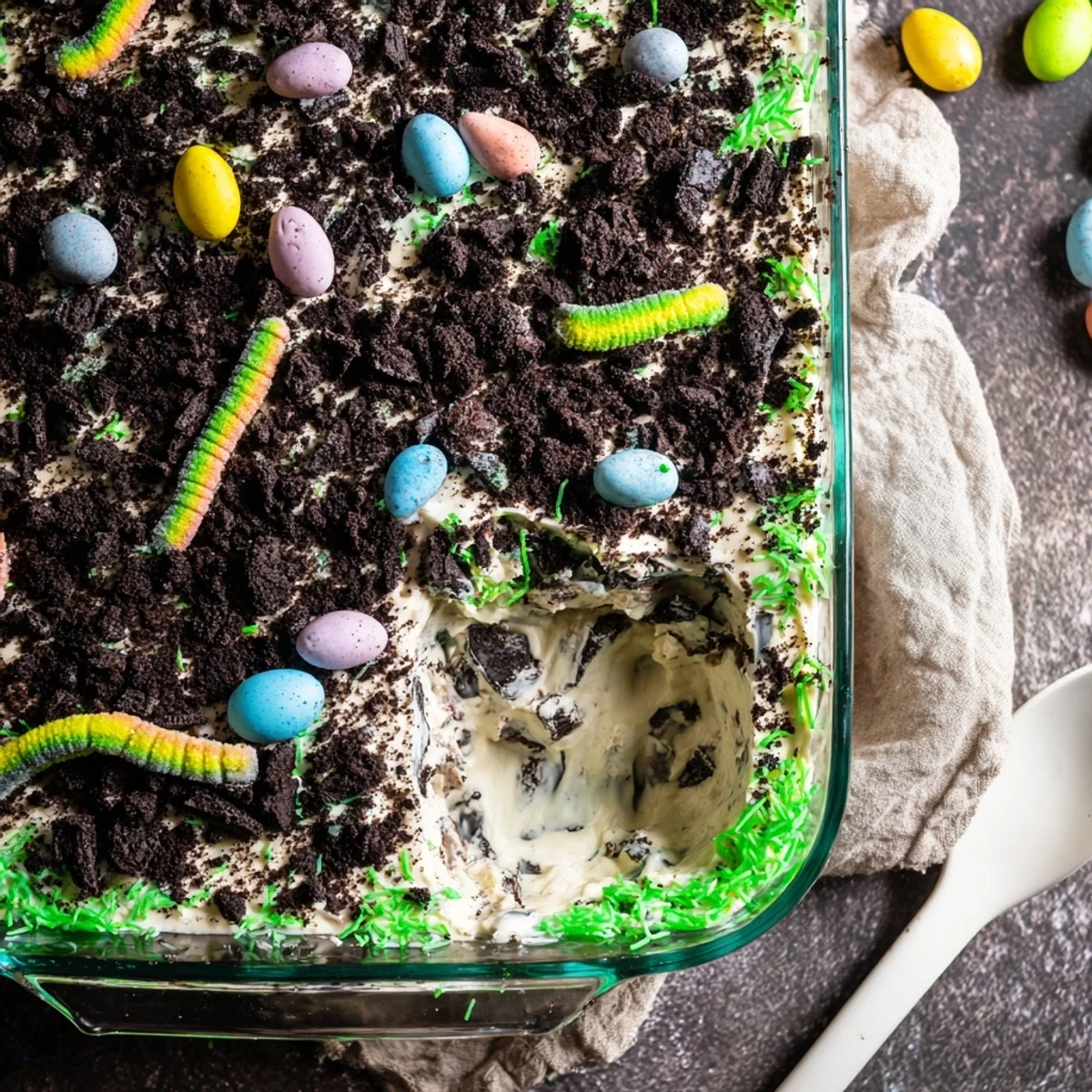 Easter Dirt Cake casserole with creamy pudding layers topped with crushed Oreos and colorful gummy worms