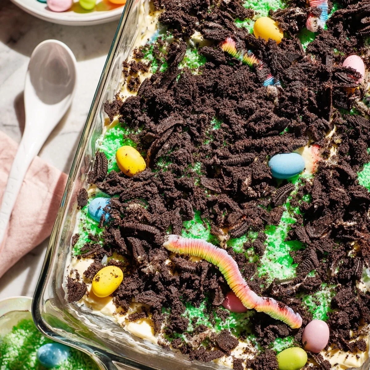 Whimsical Easter Dirt Cake casserole featuring pastel candy eggs and green coconut grass decoration