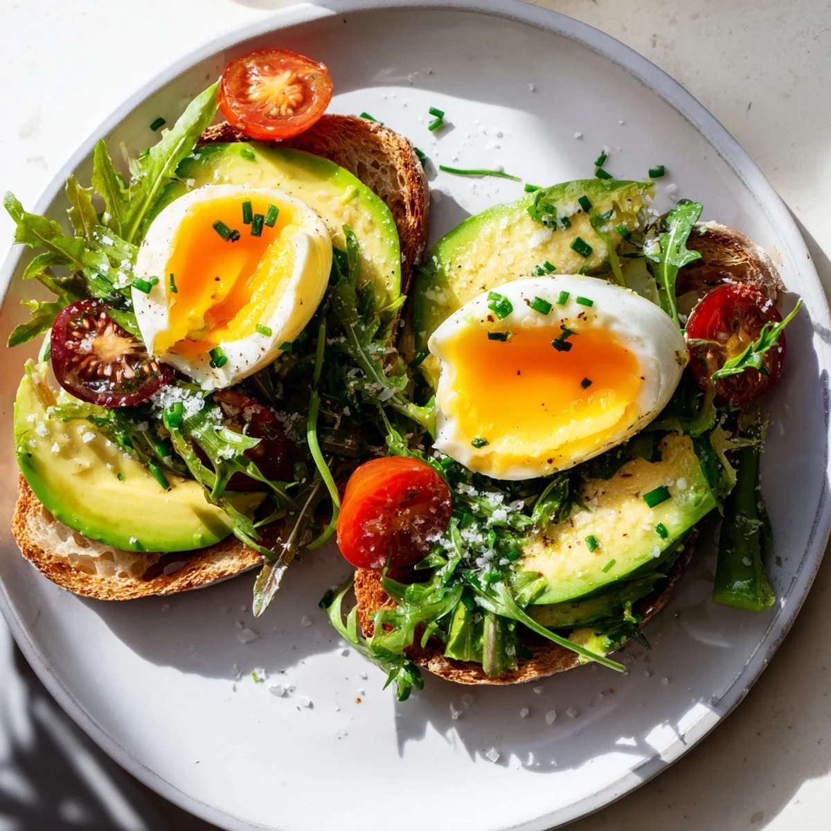 GoldenSavory breakfast plate with soft eggs, crisp toast, and fresh mixed greens drizzled with lemon dressing