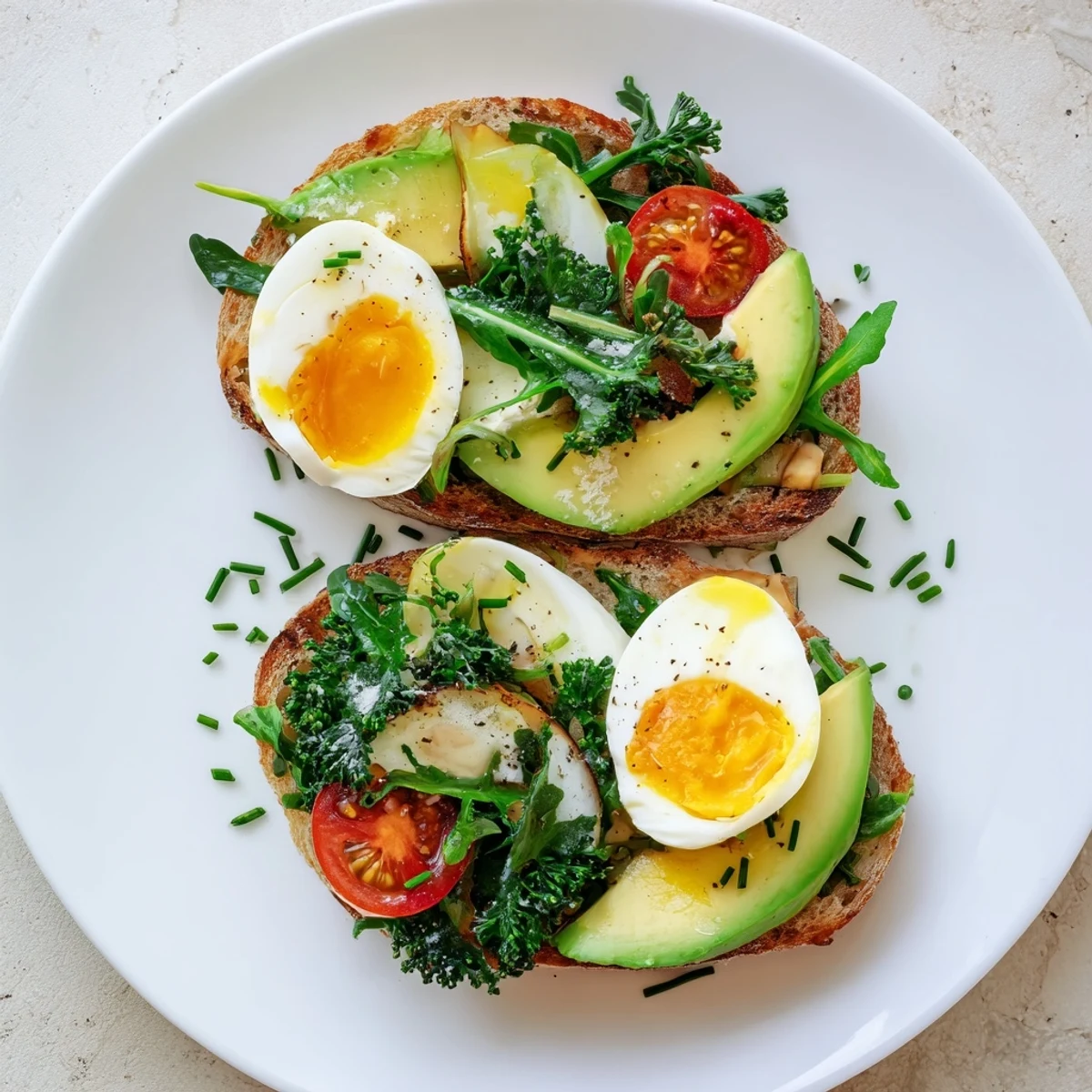 Golden soft-boiled eggs atop toasted artisan bread with avocado slices and vibrant arugula spinach salad