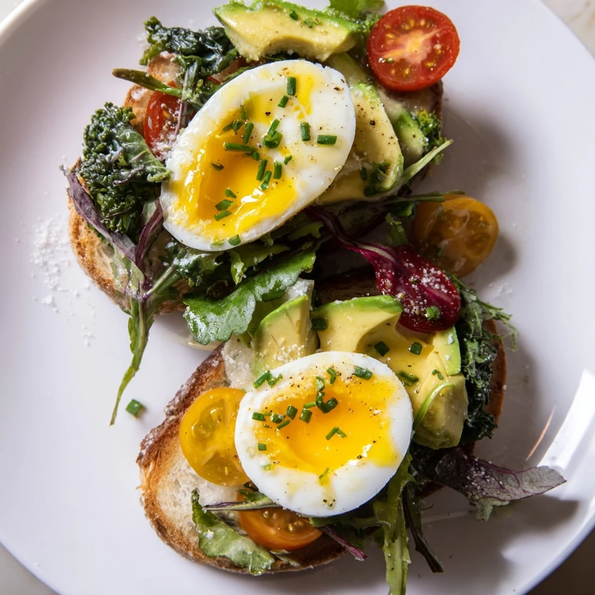 Protein-packed savory breakfast featuring runny yolks, cherry tomatoes, and dressed greens on rustic sourdough toast