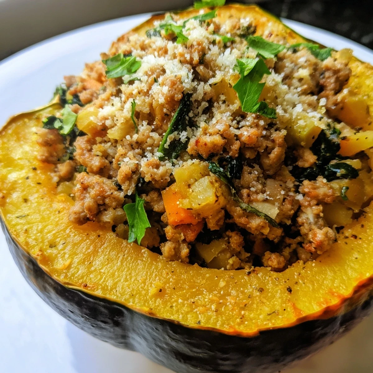 Golden roasted turkey stuffed acorn squash bowls topped with melted Parmesan and fresh parsley
