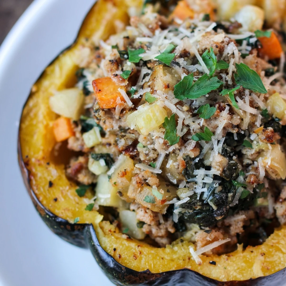 Hearty turkey stuffed acorn squash with apple celery carrot filling garnished with chopped green parsley