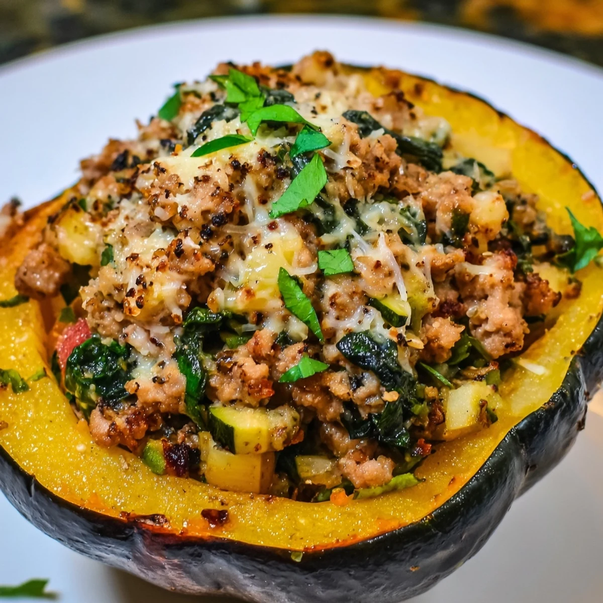 Savory ground turkey vegetable filling nestled inside tender roasted acorn squash halves on white platter