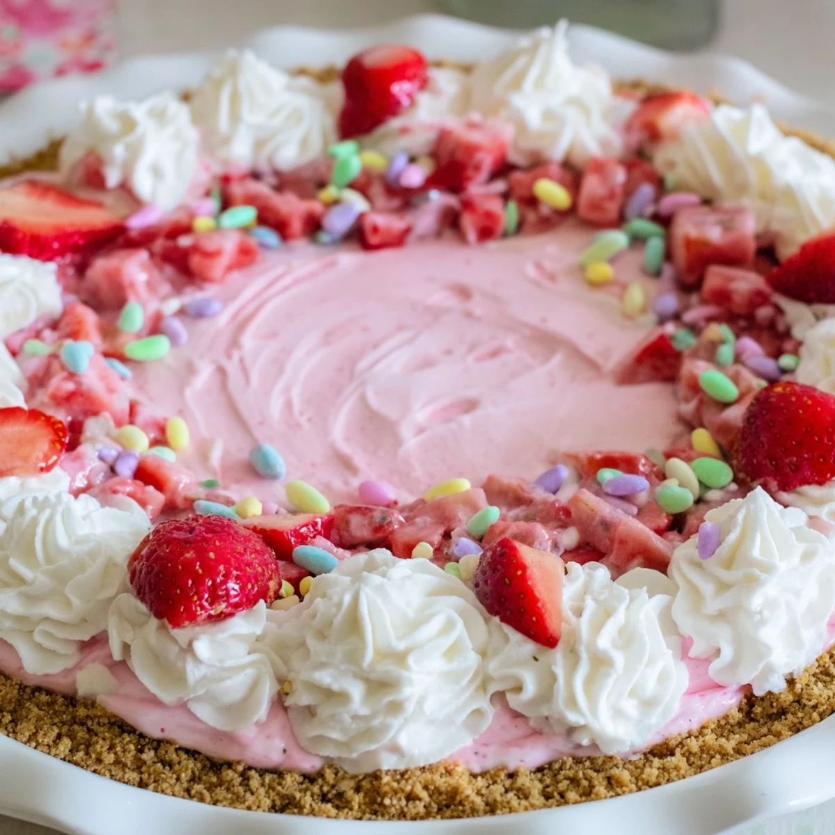 Creamy strawberry no bake Easter pie with graham cracker crust topped with whipped cream
