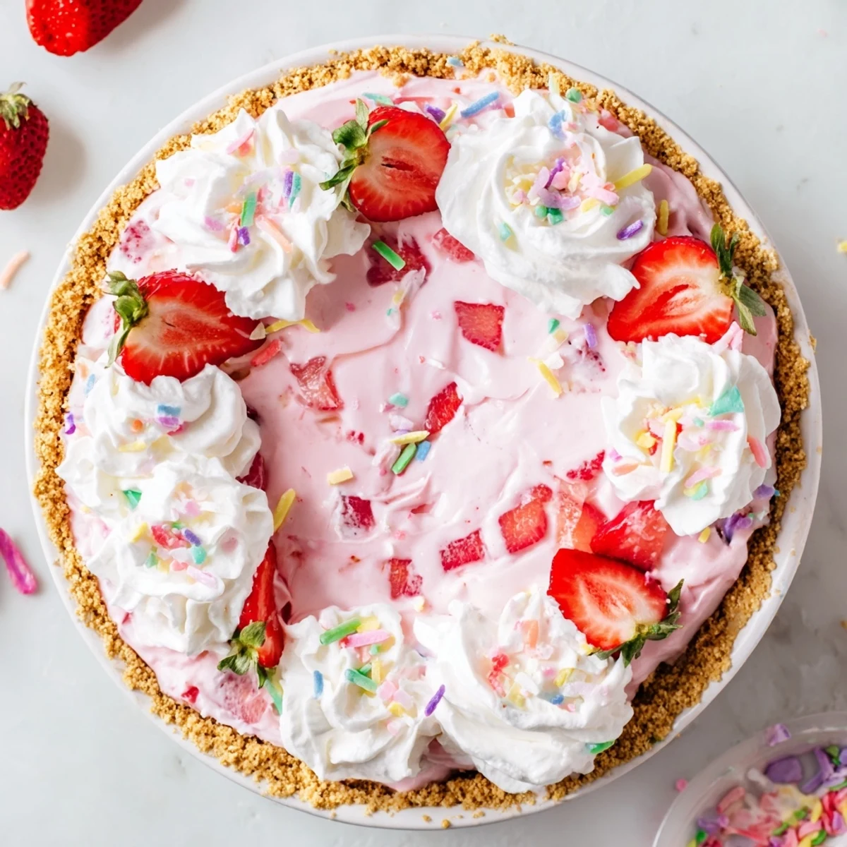 Festive spring Jello dessert pie featuring fresh diced strawberries and fluffy vanilla cream filling