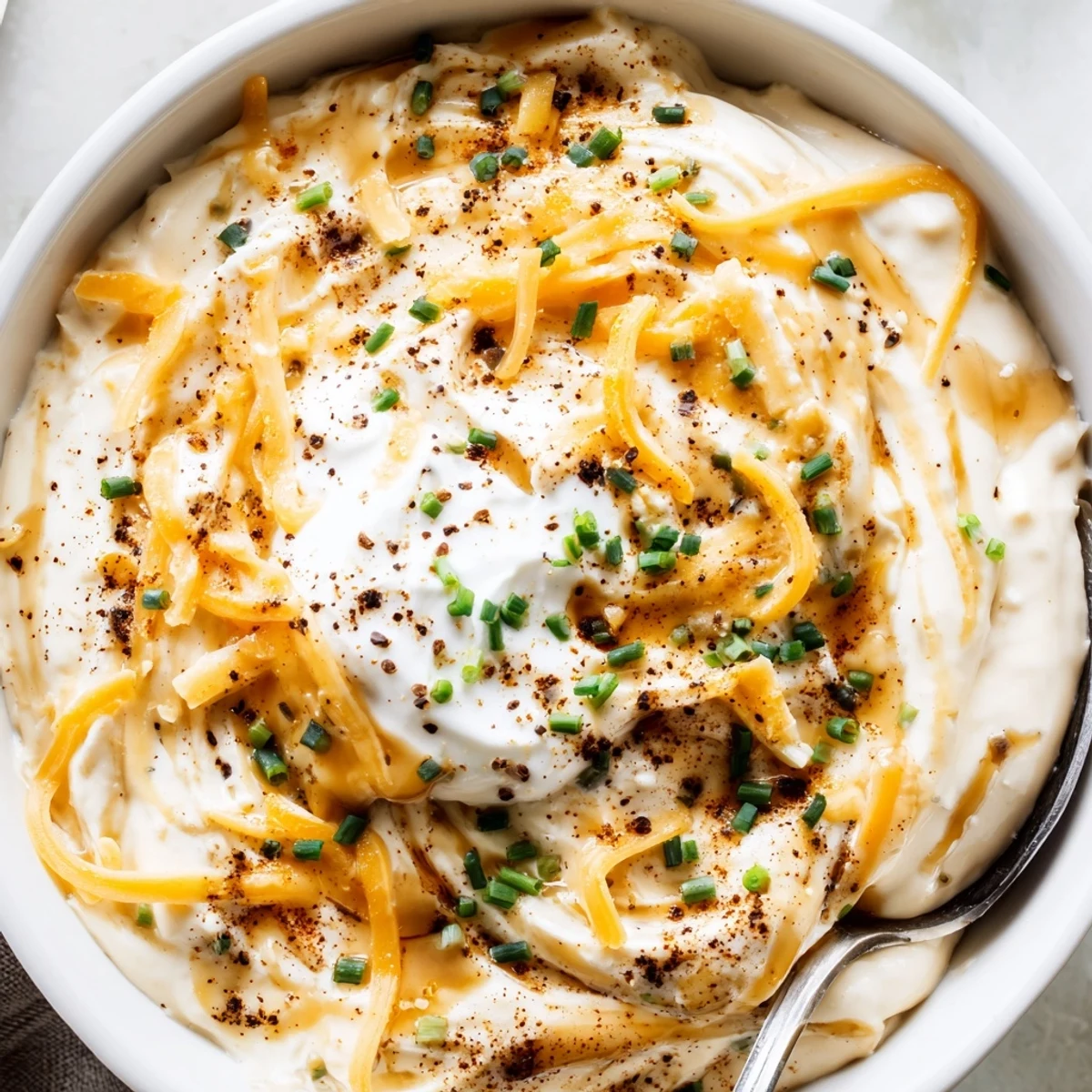 Creamy savory pretzel dip topped with fresh chives beside warm soft pretzels