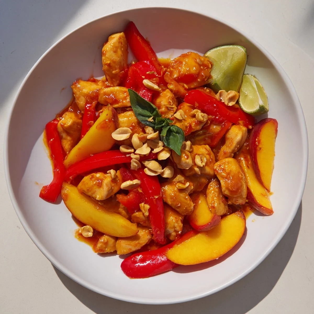 Golden Thai peach chicken with colorful bell peppers and fresh basil garnish on white plate