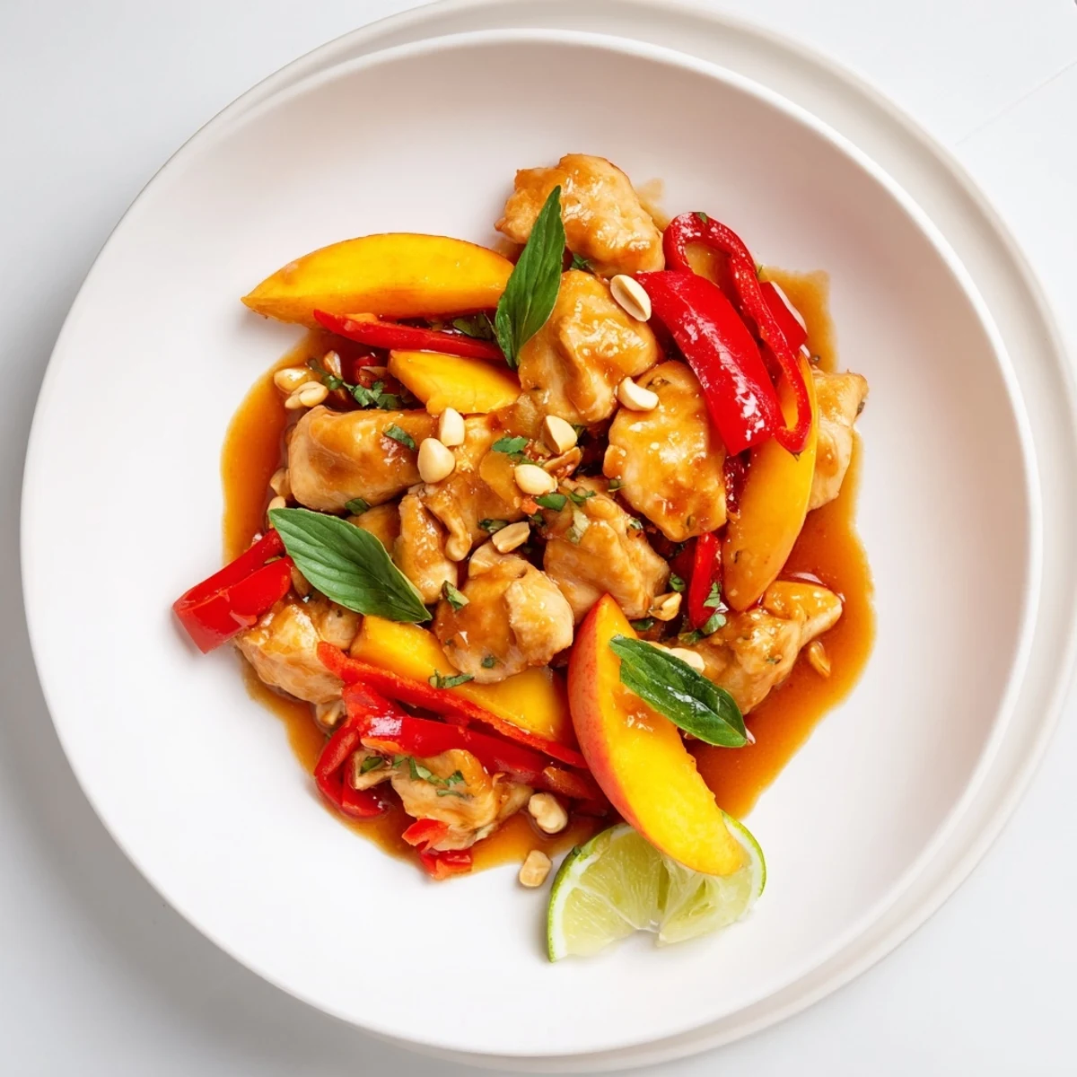 Juicy chicken pieces simmered in fragrant sweet-spicy sauce with tender sliced peaches and crisp vegetables