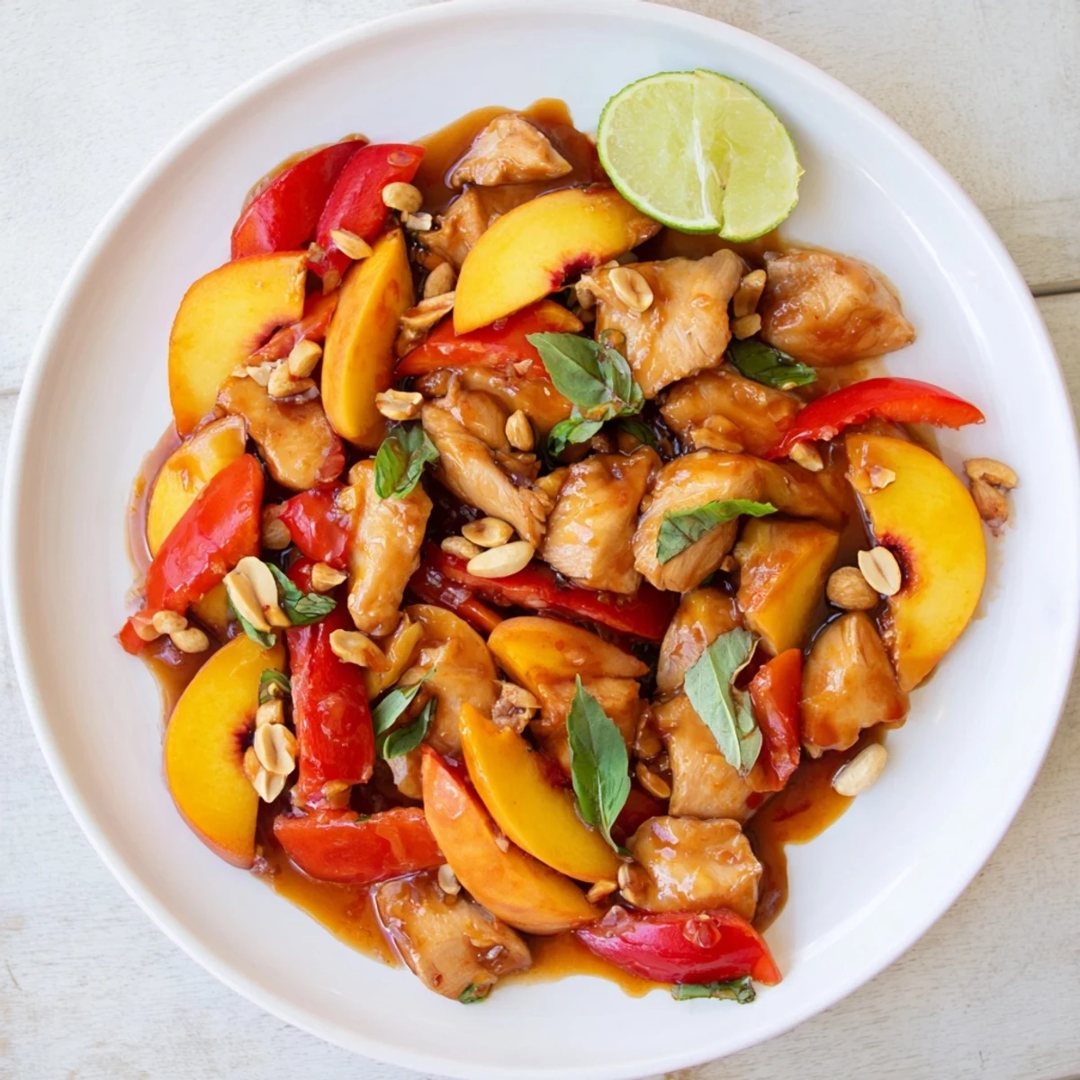 Close-up of Thai peach chicken stir-fry featuring succulent meat coated in glossy reddish-orange glaze