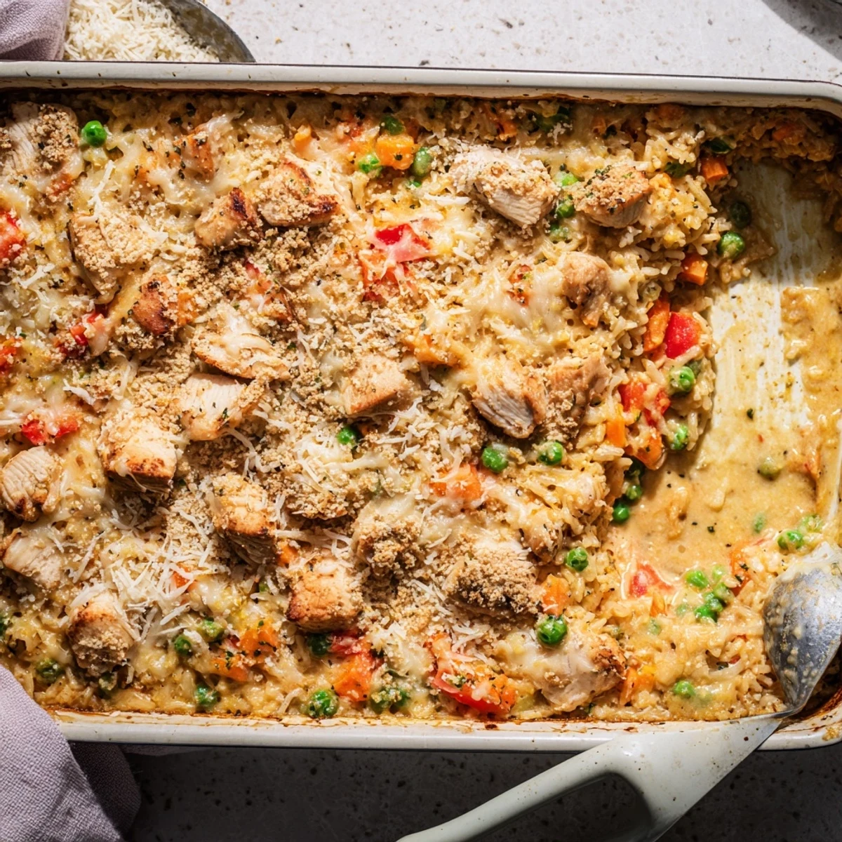 Golden baked Macau style Portuguese chicken rice with melted cheese and creamy coconut sauce bubbling over tender chicken pieces