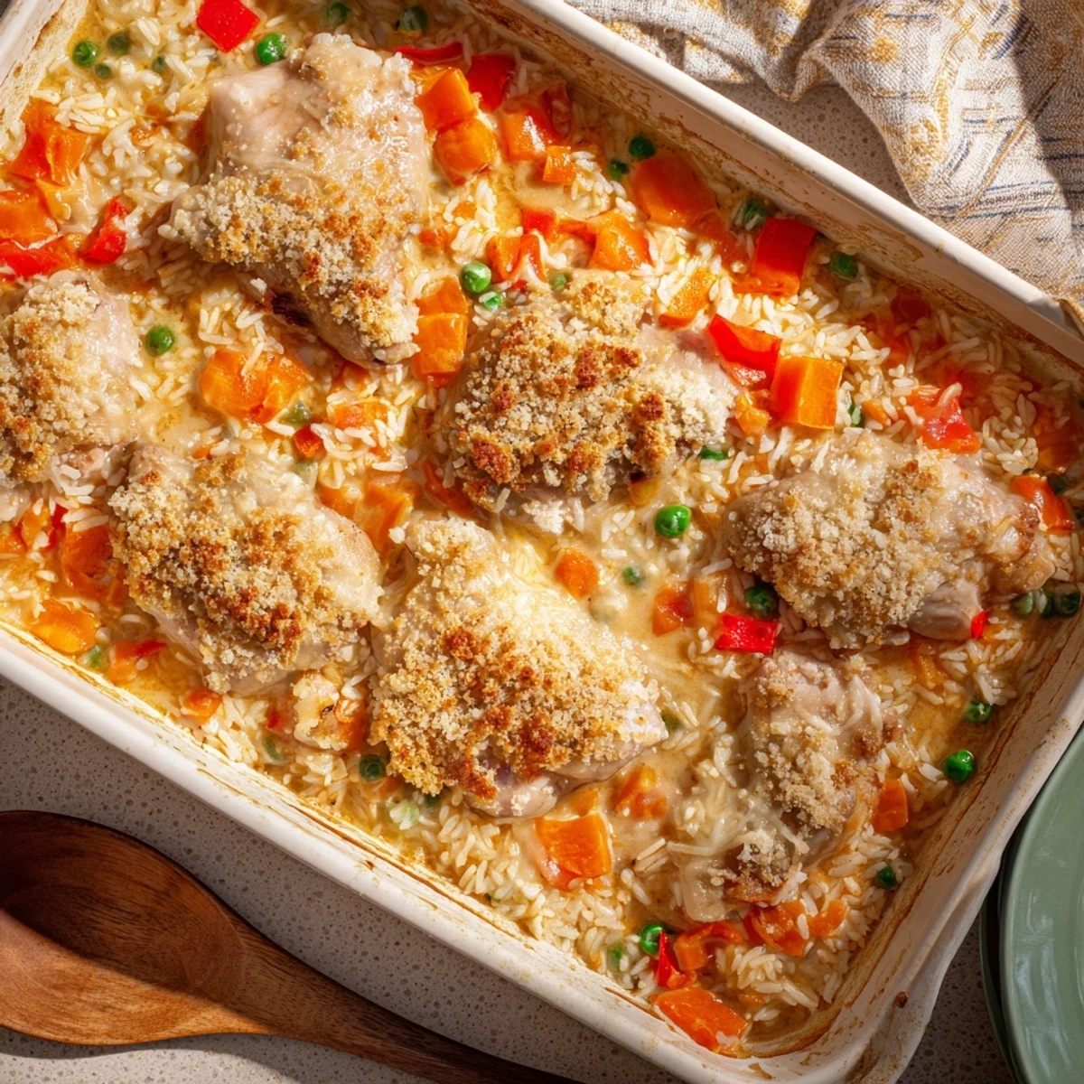 Comforting casserole of Macau style baked Portuguese chicken rice featuring colorful vegetables in spiced coconut curry sauce under golden mozzarella