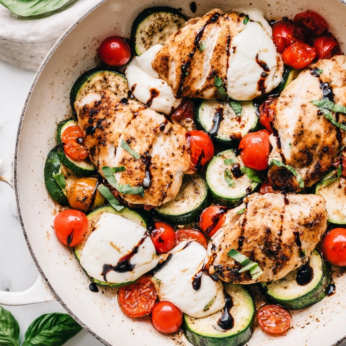 Golden pan-seared chicken breasts nestled with zucchini rounds and melted mozzarella in this Caprese Chicken Zucchini Skillet