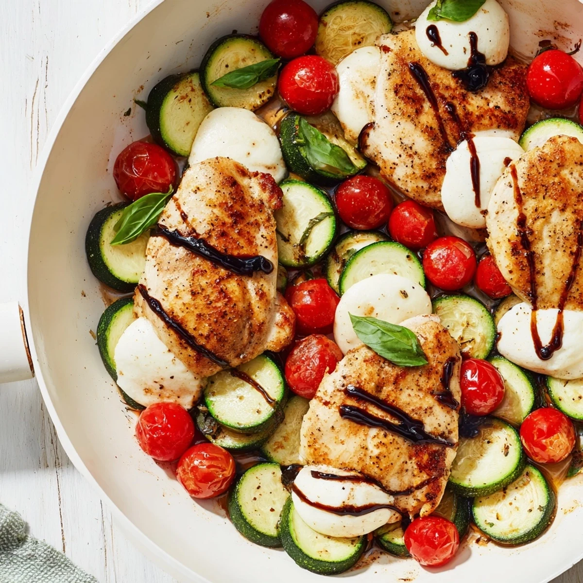 Sizzling skillet of Caprese Chicken Zucchini with tender vegetables gooey mozzarella and a balsamic glaze finish