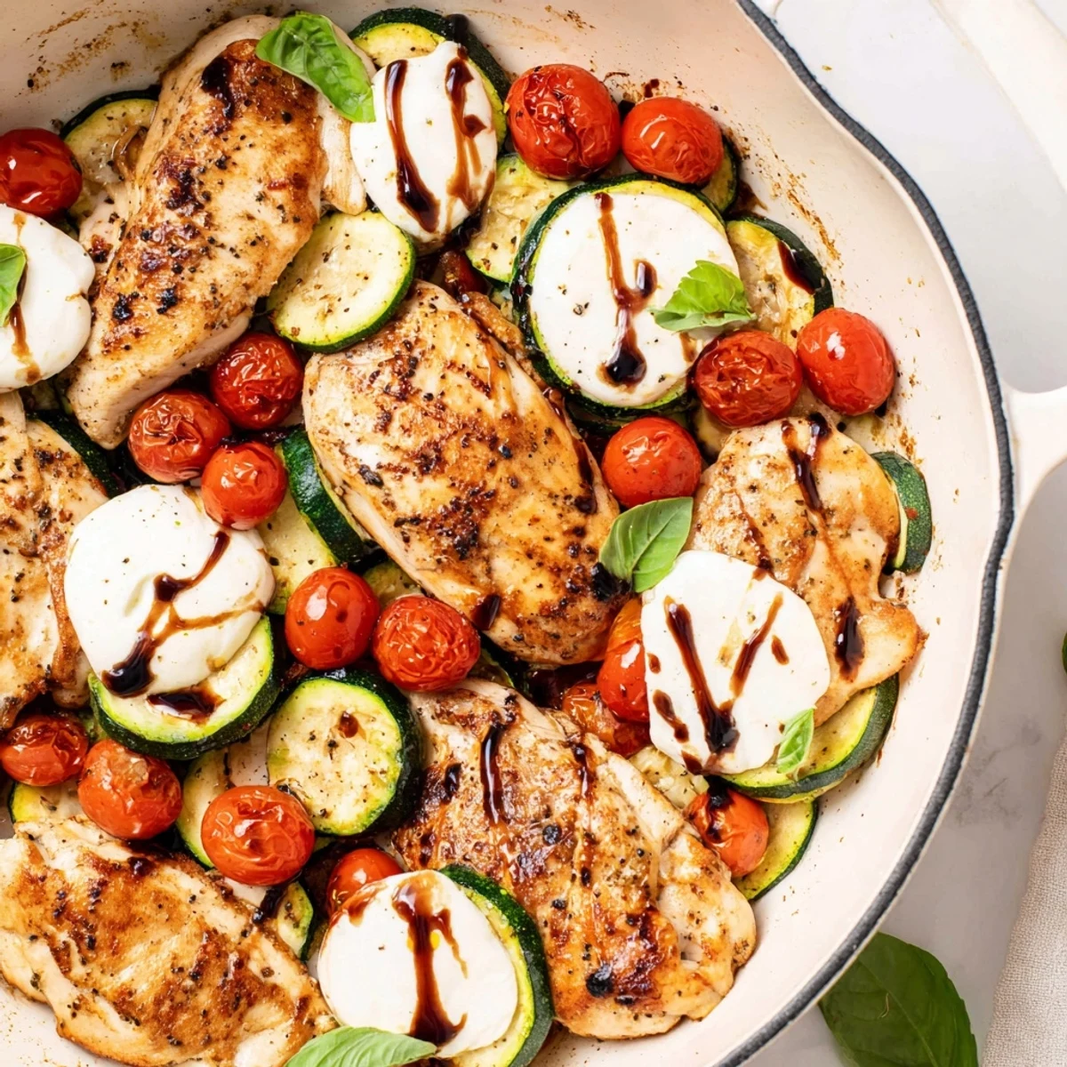 One-pan Caprese Chicken Zucchini Skillet featuring juicy chicken topped with fresh tomatoes basil and bubbling mozzarella cheese