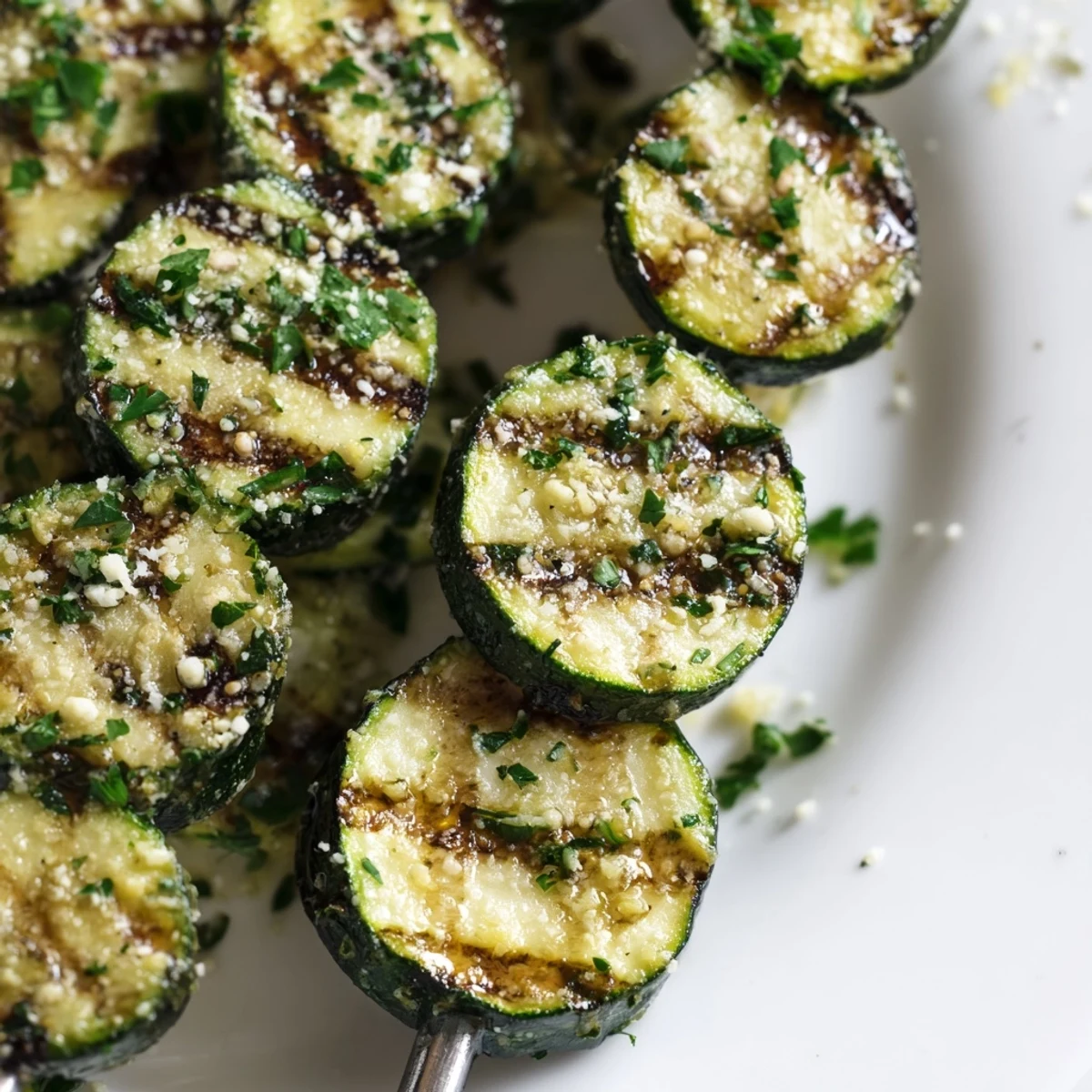 Golden grilled Easy Garlic Butter Zucchini Skewers with charred edges and melted herb butter