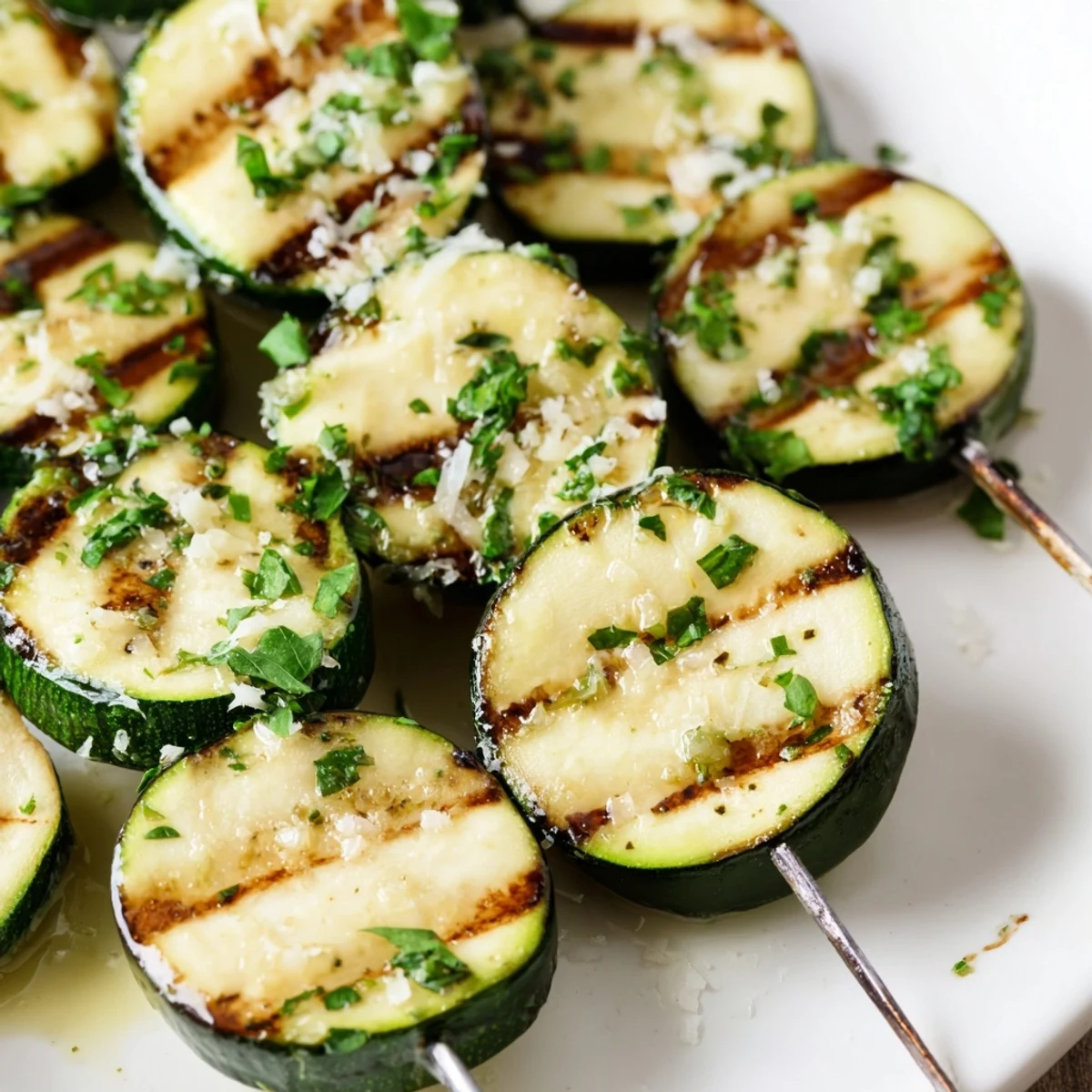 Tender zucchini rounds threaded on skewers basted with savory garlic butter and fresh parsley