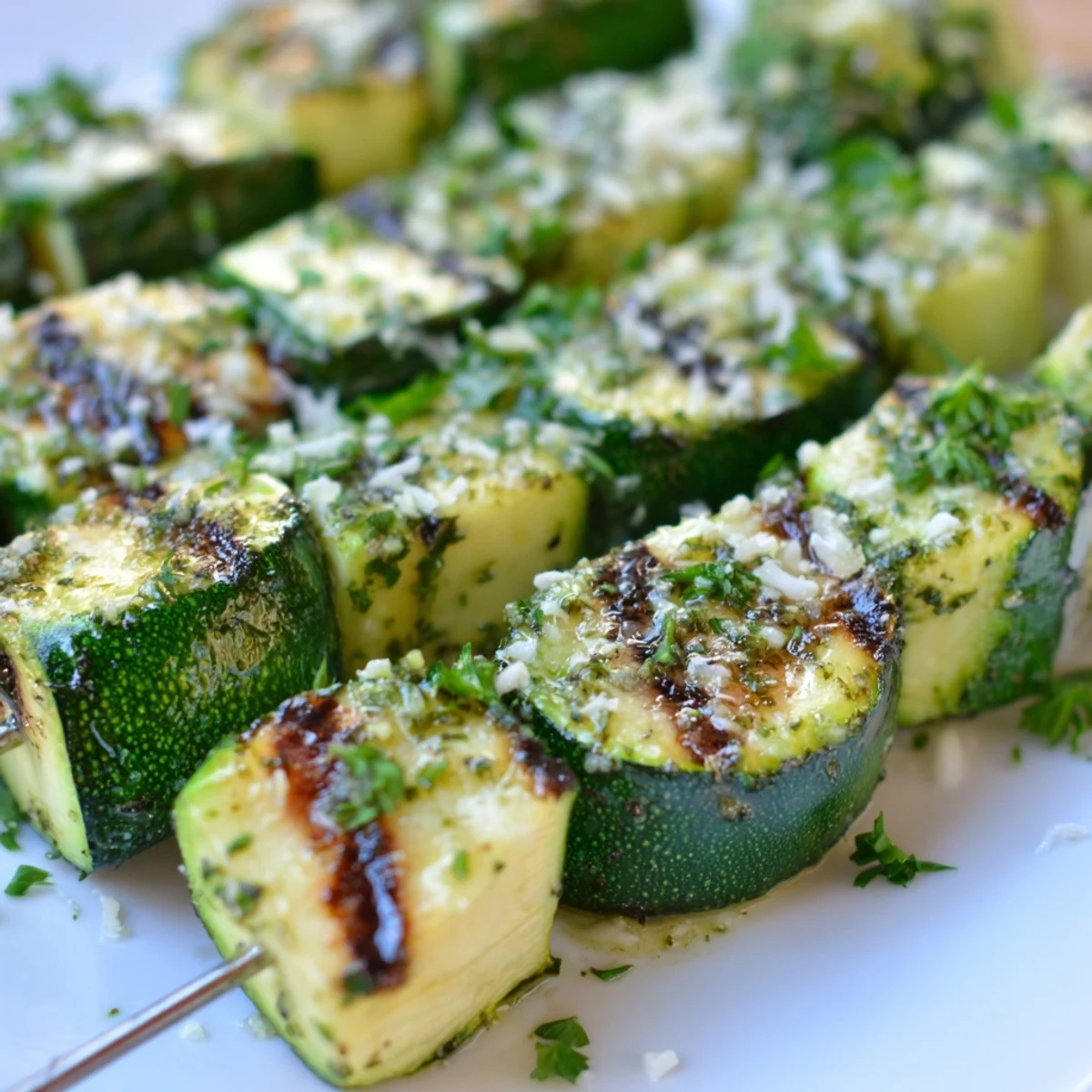 Close up of Easy Garlic Butter Zucchini Skewers showing grill marks and glossy coating
