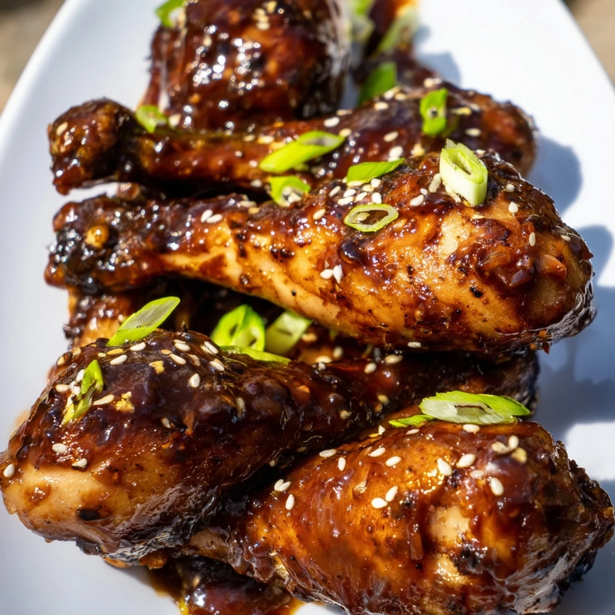 Tender fall-off-the-bone chicken drumsticks slow cooked in savory Asian glaze and garnished with fresh sliced scallions