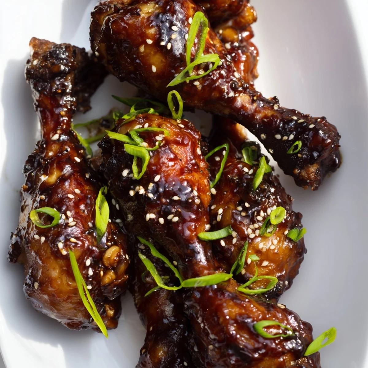 Glistening Asian glazed chicken drumsticks brushed with thickened hoisin sauce and sprinkled with white sesame seeds