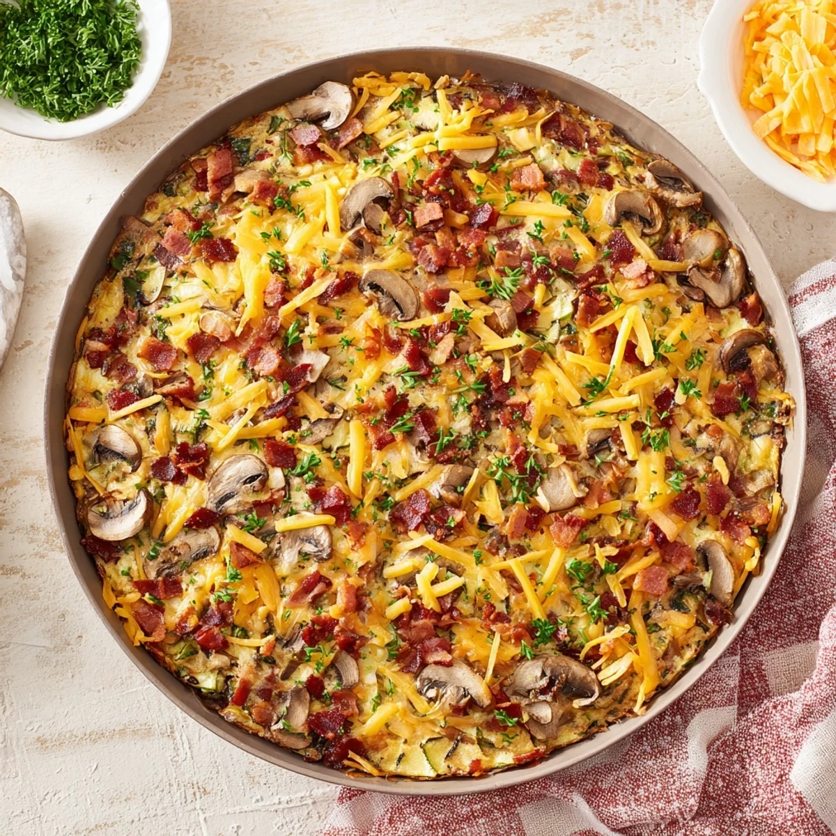 Savory baked frittata loaded with crispy bacon tender zucchini and sliced cremini mushrooms
