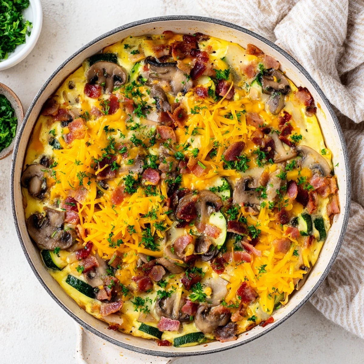 Golden mushroom zucchini and bacon family frittata with melted cheese and fresh parsley garnish