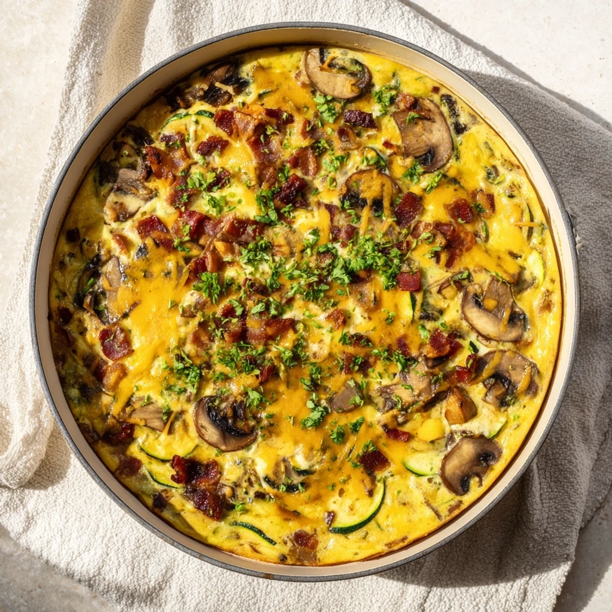 Fluffy egg frittata topped with shredded cheddar featuring smoky bacon and colorful vegetables