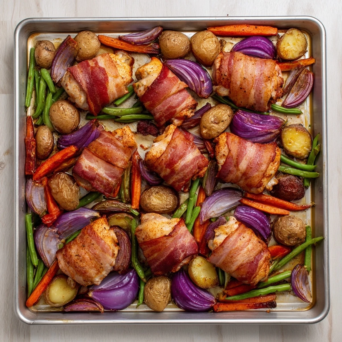 Golden bacon-wrapped chicken thighs roasted with colorful vegetables on a large baking tray