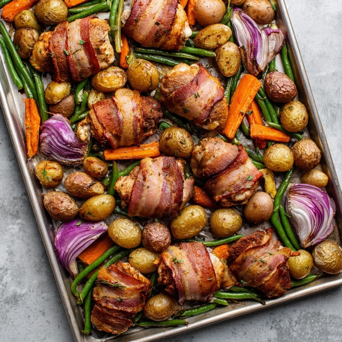 Oven-baked chicken thigh tray bake featuring bacon-wrapped meat nestled among tender caramelized root vegetables