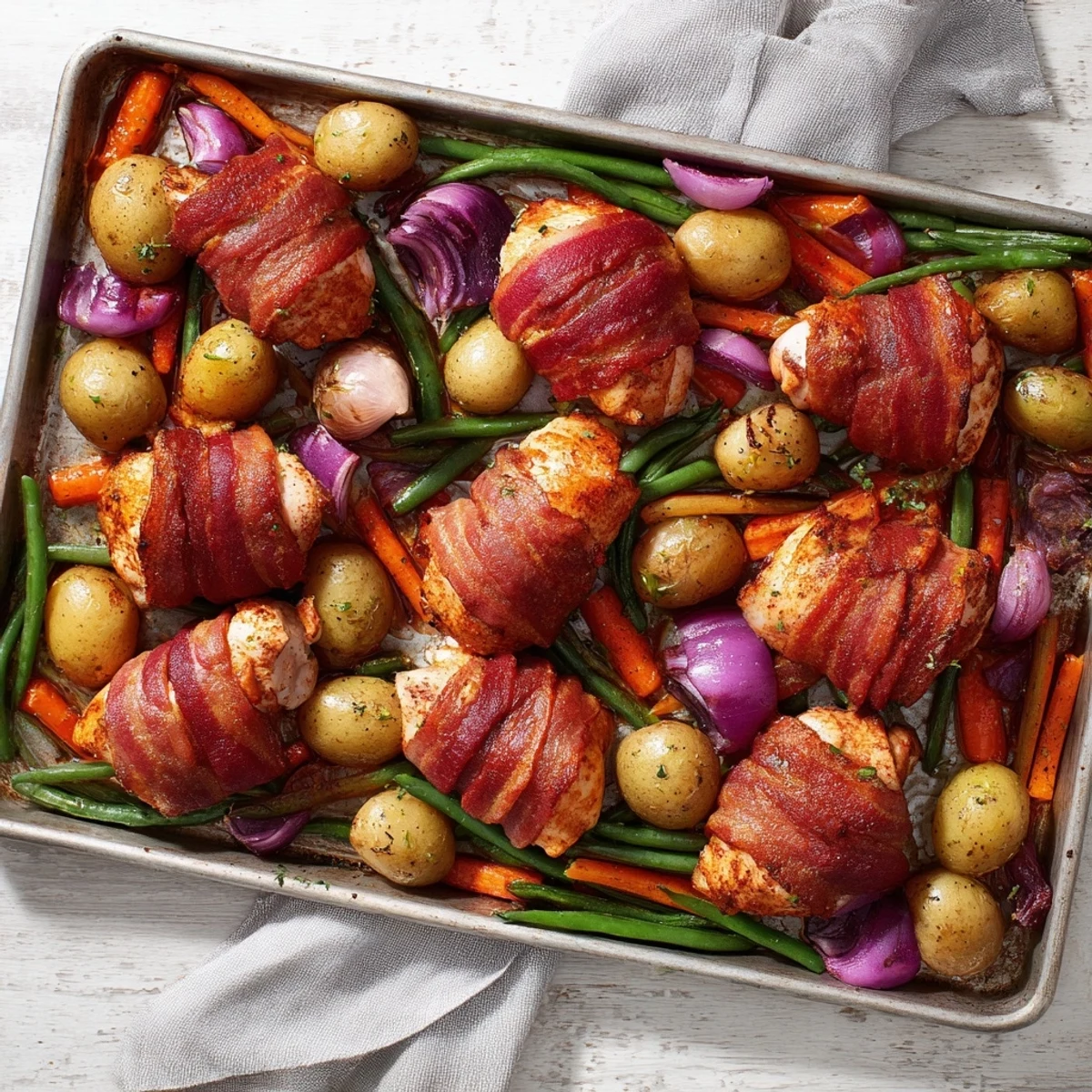 Crispy bacon encloses juicy seasoned chicken thighs surrounded by roasted potatoes carrots and green beans