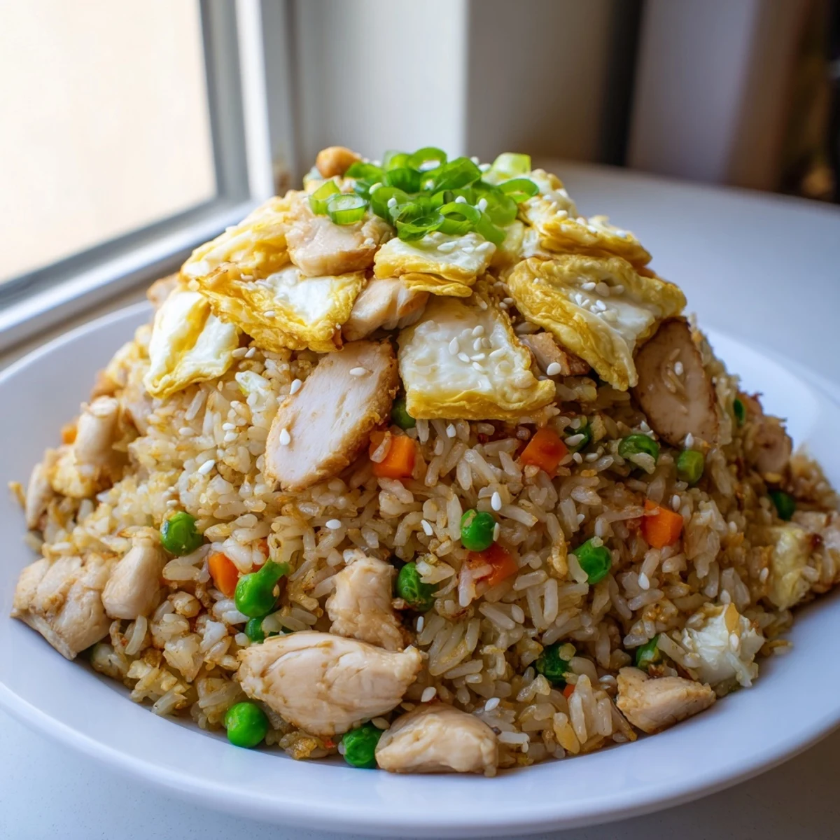Golden chicken fried rice with colorful vegetables topped with ribbons of sliced egg omelette