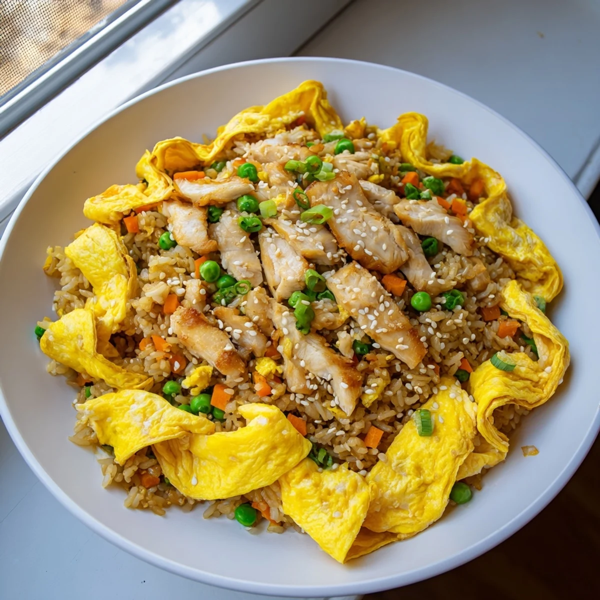 Savory stir-fried jasmine rice with tender chicken pieces and golden egg omelette strips garnish