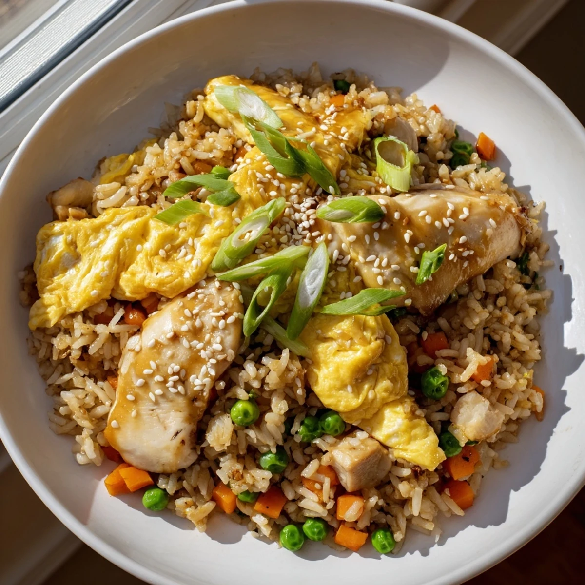 Heaping plate of Asian chicken fried rice garnished with scallions and sliced egg omelette