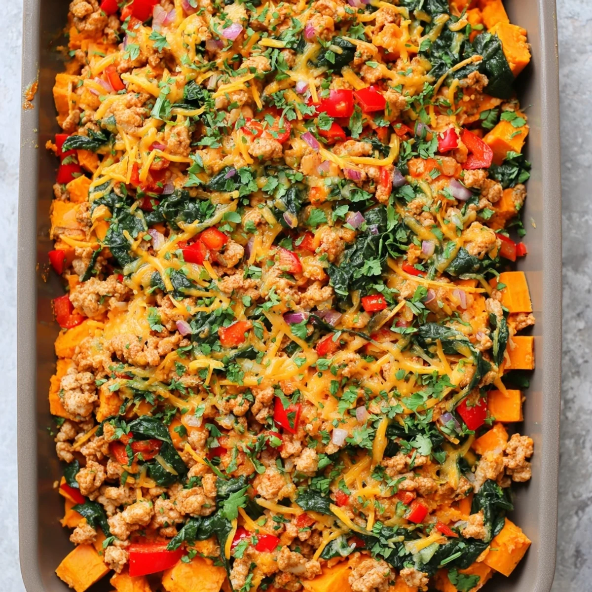 Golden ground turkey sweet potato bake bubbling with melted cheese in a casserole dish