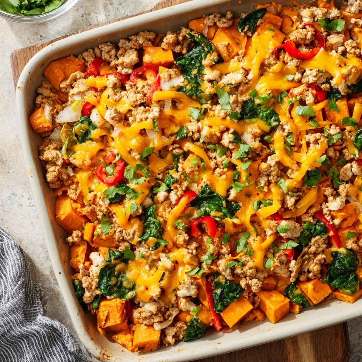 Hearty ground turkey sweet potato bake topped with fresh parsley and savory seasonings