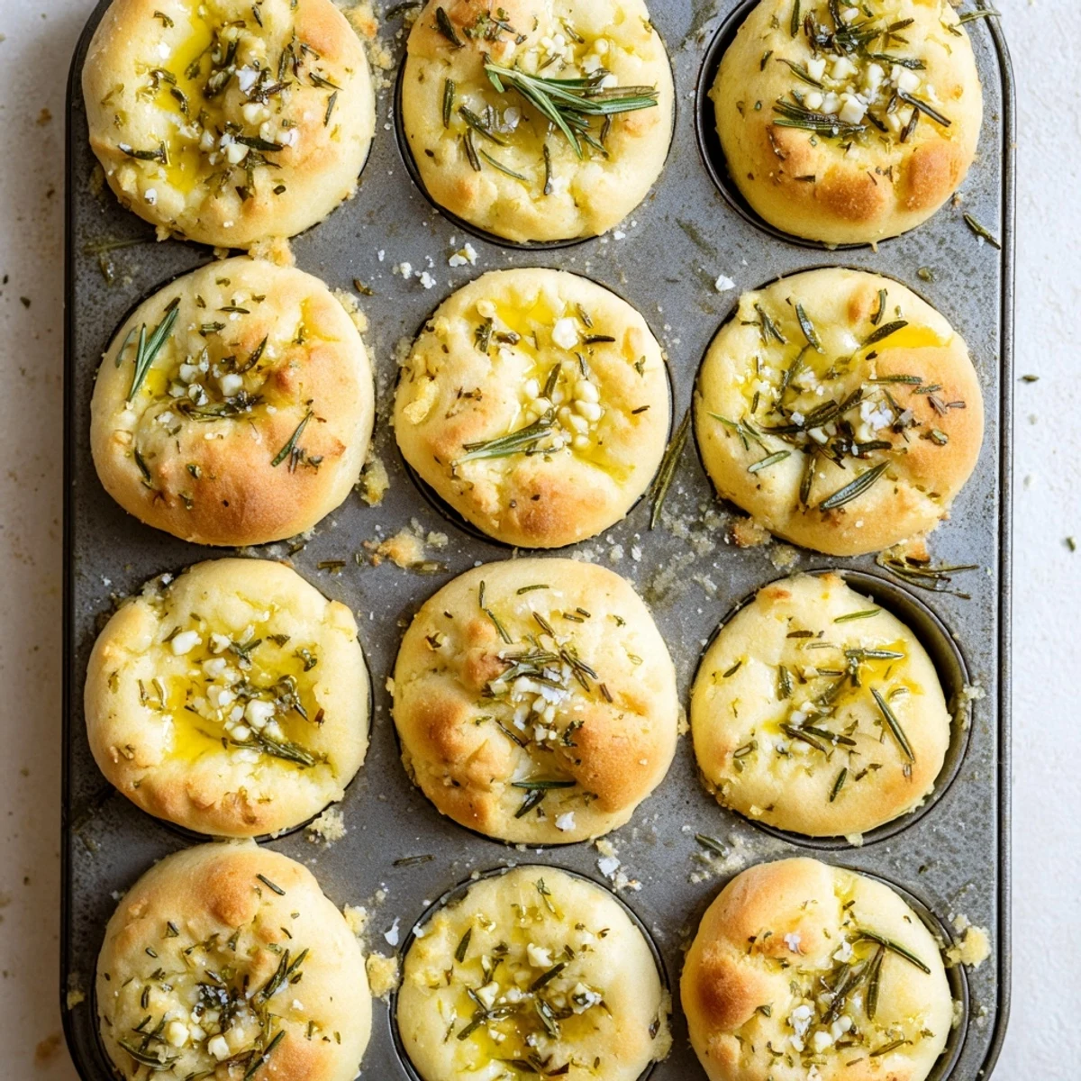 Golden brown garlic rosemary focaccia muffins topped with fresh herbs and flaky sea salt