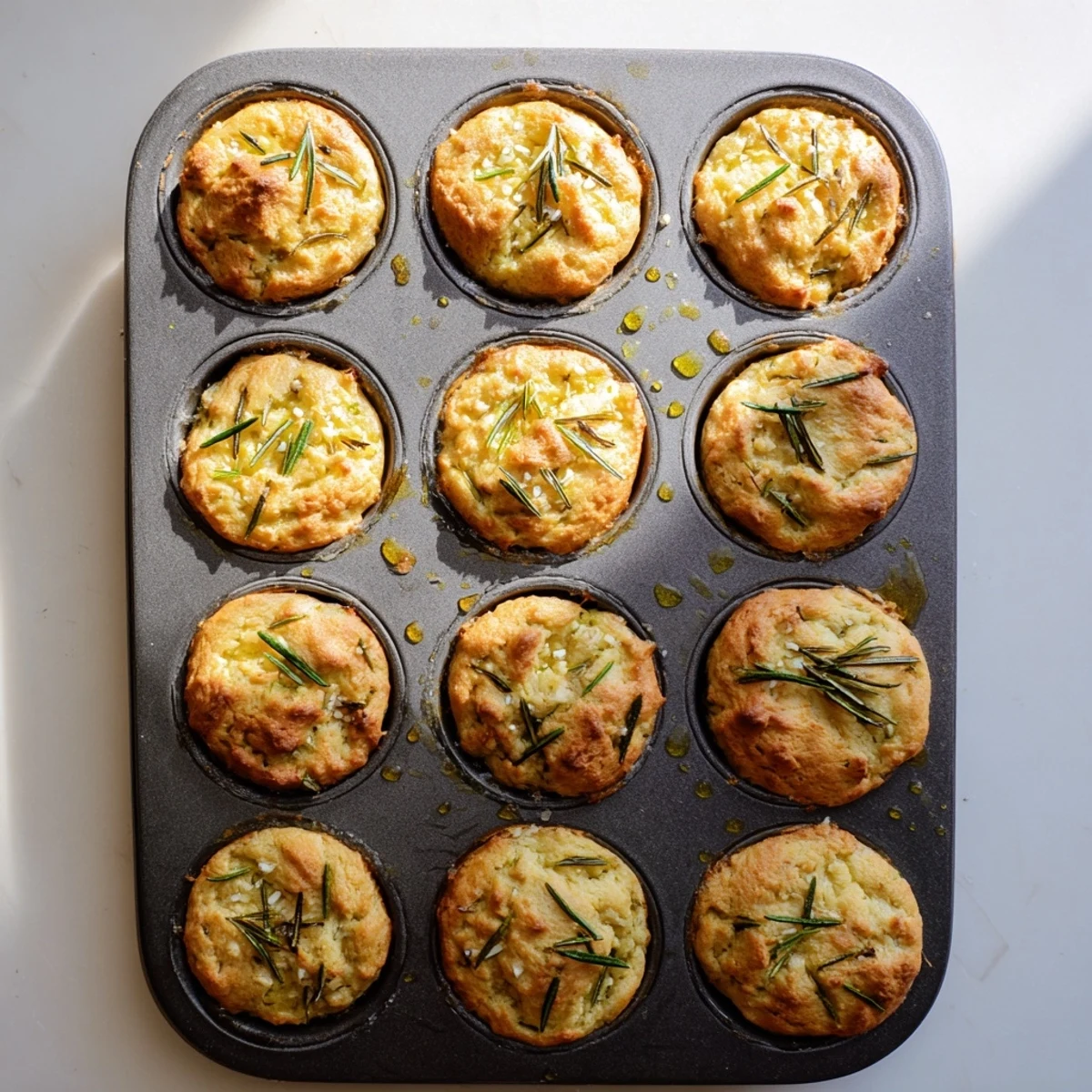 Savory garlic rosemary focaccia muffins baked to golden perfection with a dimpled texture and aromatic toppings