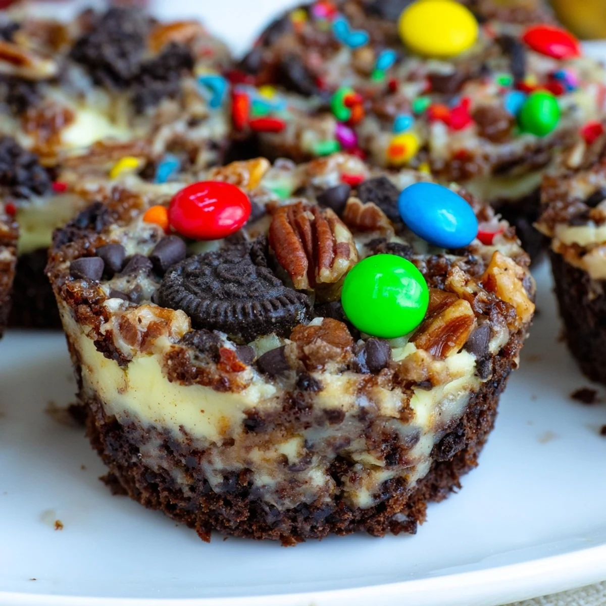 Rich fudgy loaded brownie cheesecake cups topped with colorful candy and crushed cookies