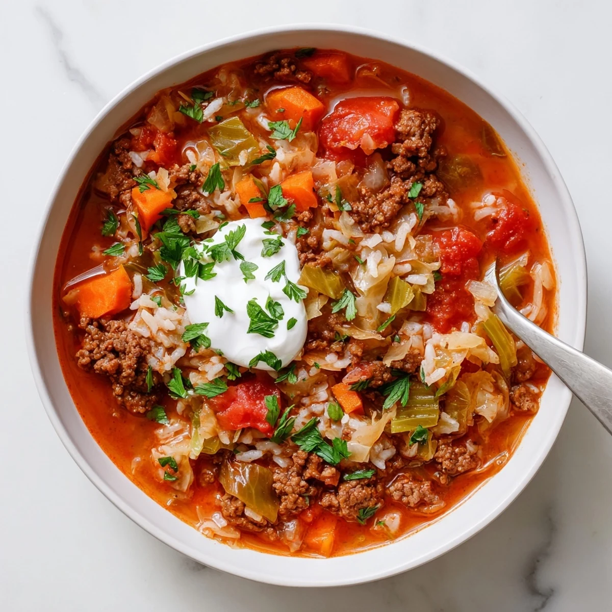 Steamy bowl of unstuffed cabbage roll soup topped with fresh parsley and sour cream