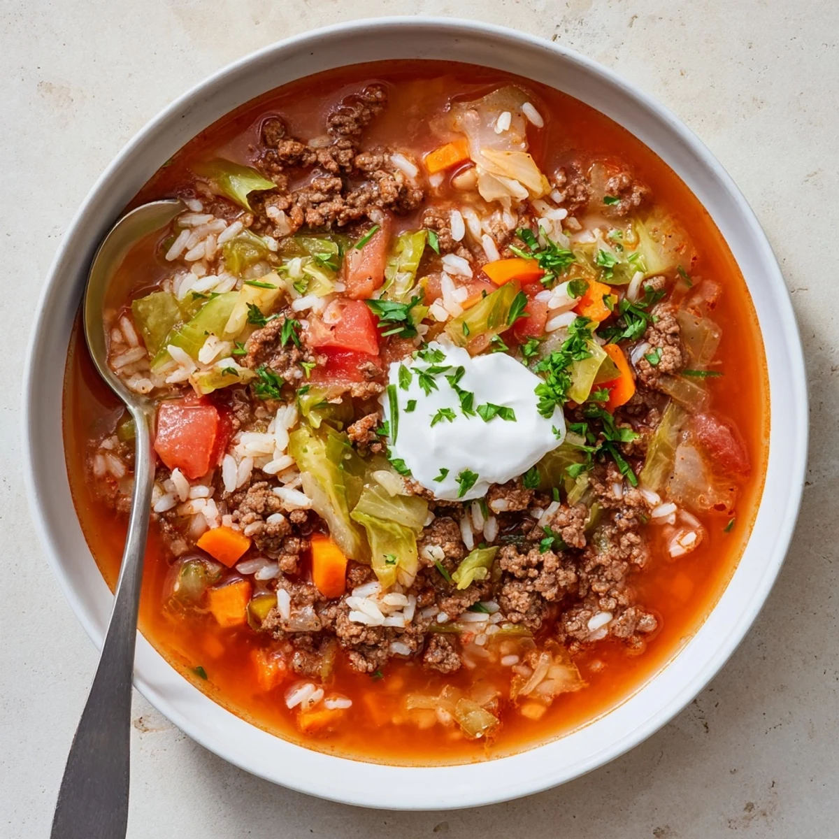 Hearty unstuffed cabbage roll soup featuring tender beef, rice, and vegetables in rich tomato broth