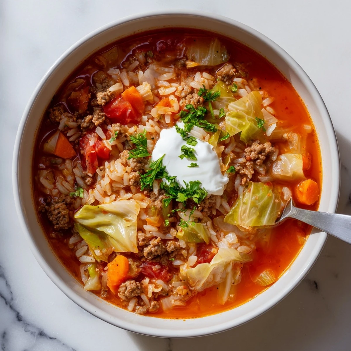 Close-up of unstuffed cabbage roll soup with ground beef, cabbage, and carrots simmering in pot