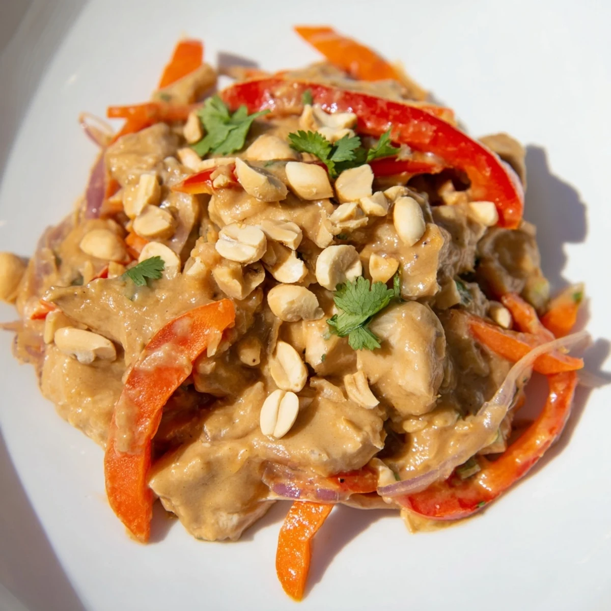 Slow cooker peanut chicken with tender shredded pieces coated in rich creamy peanut sauce