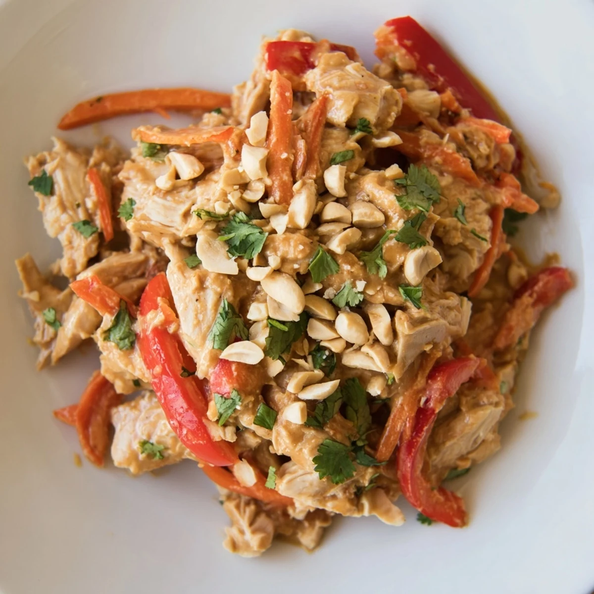 Golden chicken thighs slow-cooked with colorful bell peppers and onions in savory peanut sauce