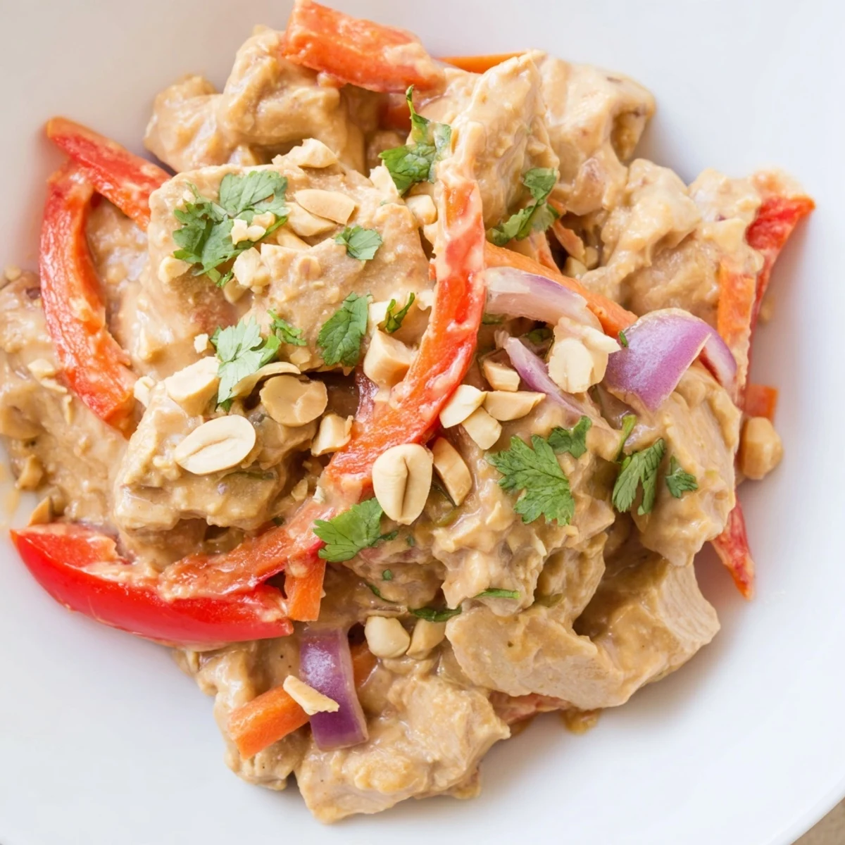 Creamy peanut chicken dish garnished with fresh cilantro crushed peanuts and lime wedges